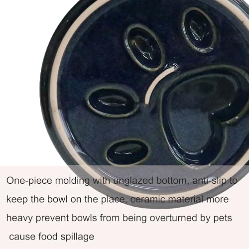 Ceramic Slow Feeder Bowl, 6.69 x 5.7 inches, Elevated Design with Paw Pattern, for Cats and Small Dogs (Dark Blue) - color: Dark Blue
