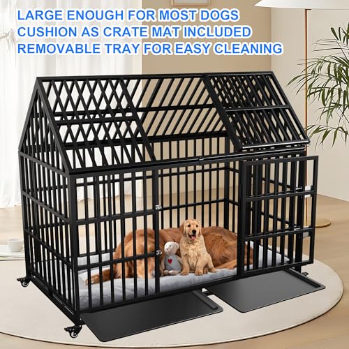 Heavy Duty Dog Crate 54 inch Dog Pet Kennel Cage for Extra Large Giant Dog with 2 Doors Lockable Wheels Removable Trays Top Access All Metal Durable
