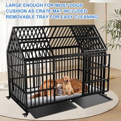 Heavy Duty Dog Crate 54 inch Dog Pet Kennel Cage for Extra Large Giant Dog with 2 Doors Lockable Wheels Removable Trays Top Access All Metal Durable
