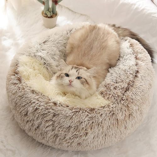 Cat Bed Round Fluffy Hooded Cat Bed Cave, Anti-Anxiety Cave Bed with Hooded Blanket, Cozy Cuddler Luxury Puppy Pet Bed, Anti-Slip Bottom and Machine Washable (Coffee, Large) - color: Coffee, size: Large