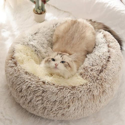 Cat Bed Round Fluffy Hooded Cat Bed Cave, Anti-Anxiety Cave Bed with Hooded Blanket, Cozy Cuddler Luxury Puppy Pet Bed, Anti-Slip Bottom and Machine Washable (Coffee, Large) - color: Coffee, size: Large