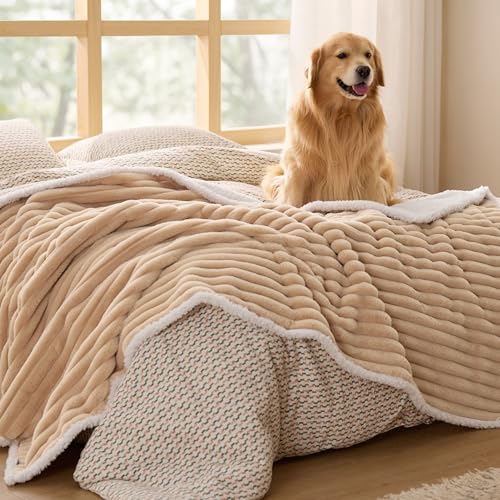 Bedsure ComfyFleece™ Waterproof Dog Blankets for Large Dogs - Soft Pet Cat Blanket Corduroy Fleece for Bed Protector Washable, Cozy Calming Reversible Furniture Protection,60"x80", Tuscan Beige - color: Sandy Beige, size: Twin(60x80")-1pc