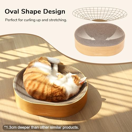 FUKUMARU Cardboard Cat Scratcher Bed, 2-in-1 Oval Cat Scratch Pad, Cats Scratching Board Lounge Bed Indoor, Durable Modern Kitty Scratcher Bowl, Cats Scratch Furniture Protector, Wood Color - color: Wood
