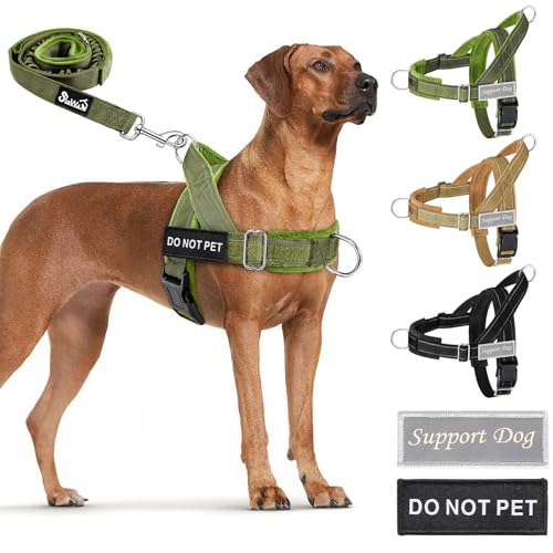 Lukovee No Pull Dog Harness and Leash Set - Heavy Duty Dog Vest with Soft Velvet Padding for Medium Large Dogs, Adjustable Reflective Tactical Harness with 2 Control Handles & Front Clip (S, Green) - color: Green, size: Small