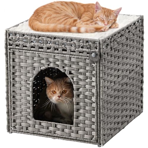 SETVSON Cat Beds for Indoor Cats Extra Large Double Cat Cave Pet Cube, Handwoven Rattan Cat Houses with Double-Sided Soft Cushions, 18.5 x 20.5 x 19.1 Inches Foldable Hideaway in Living Room Gray - color: Gray, size: Rectangle-XL