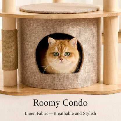 797Audio Modern Wood Cat Tree Tower, 46" Aesthetic Cat Tree with Natural Pine Wood Scratching Posts and Condo for Adult Cats, Solid Rubber Wooden & Linen Cat Tree,Multi-Level Tree for Indoor Cat - color: 46 Inch