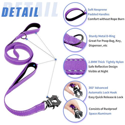 Strong Heavy Duty Dog Leash - 4ft Reflective Nylon Training Leash with Soft Padded Double Handle & Auto Lock Frog Clip, Safety Traffic Control for Large Medium Small Dogs No Pull Walking Purple,4ft - color: Purple, size: 4FT x 1" x 2.8MM