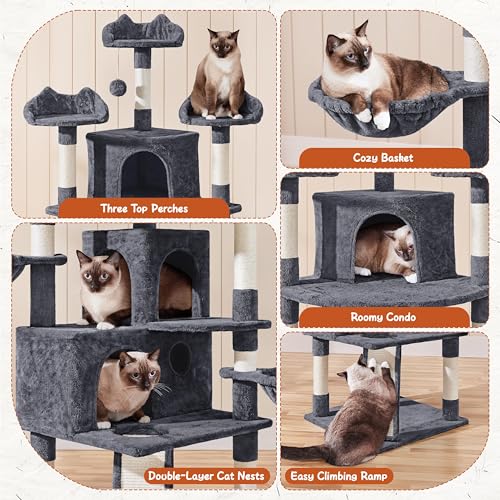Yaheetech 76.5in Multi-Level Large Cat Tree, Big Cat Tower with 3 Condos, Cozy Plush Perches, 9 Sisal Scratching Posts and Ladder, Activity Center for Large Kitties, Dark Gray - color: Dark Gray