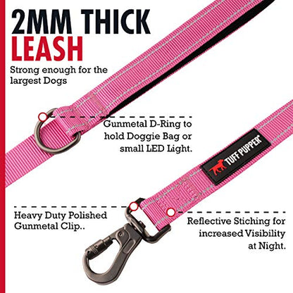 Tuff Pupper Heavy Duty Double Handle Leash | Twist Locking Carabiner Clip | Safety Lock for Strong Dogs | Reflective for Safe Night Walks | 6 Foot Leash for Medium & Large Dogs - color: Hot Pink