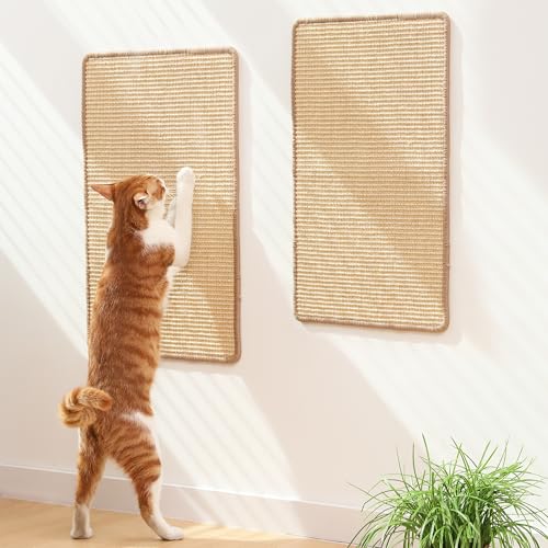 FUKUMARU 2 Packs Cat Scratching Mat, 23.6 x 15.7 Inch Natural Sisal Cat Scratch Pad Mats for Indoor Cats, Horizontal Cats Wall Scratcher Kitten Floor Rug with Sticky Tape, Furniture Protector - color: Beige-2 Packs 23.6 x 15.7 Inch