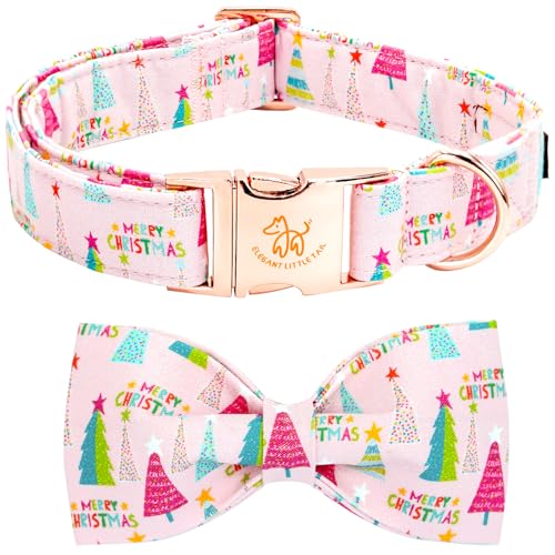 Elegant little tail Christmas Dog Collar, Christmas Tree Pet Collars Bow Pink Metal Buckle Collar Puppy Girl Boy Holiday Cotton Soft Bowtie Adjustable Dog Collar for X-Small Dogs - color: Christmas Tree Pink, size: X-Small (Pack of 1)
