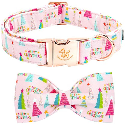 Elegant little tail Christmas Dog Collar, Christmas Tree Pet Collars Bow Pink Metal Buckle Collar Puppy Girl Boy Holiday Cotton Soft Bowtie Adjustable Dog Collar for X-Small Dogs - color: Christmas Tree Pink, size: X-Small (Pack of 1)