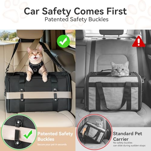 PETSFIT Soft-Sided Cat Carrier with Patented Safety Buckles, Lockable Zippers & Safety Tether,Escape-Resistant Travel Pet Carrier for Car Rides & Vet Visits, Airline Approved Under-Seat, Up to 12 lbs - color: Black, size: Medium