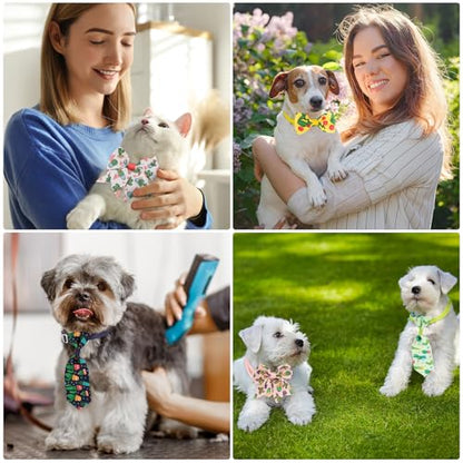 Reginary 100 Pieces Dog Bow Tie Collar Set Include 40 Dog Neckties, and 30 Puppy Bowties, 30 Collar Flowers, Adjustable Pet Ties Grooming for Small Medium Cats Pets Supply(Cactus) - style: Cactus