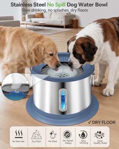UPSKY 14L No Spill Dog Water Bowl, Stainless Steel Spill Proof Dog Bowl with Water Window, Dual-Suction Anti-Slip Large Capacity Slow Drinking Bowl with Floating Disk for Large Dogs & Messy Drinkers - color: Blue