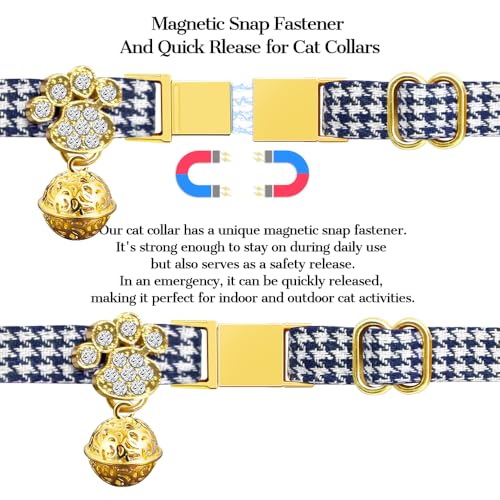 Personalized Breakaway Cat Collars - Magnetic Buckle, Bell - Safety Quick Release, Customized for Girls & Boys Cats- (Houndstooth-Navy) - color: Houndstooth-Navy