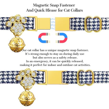 Personalized Breakaway Cat Collars - Magnetic Buckle, Bell - Safety Quick Release, Customized for Girls & Boys Cats- (Houndstooth-Navy) - color: Houndstooth-Navy