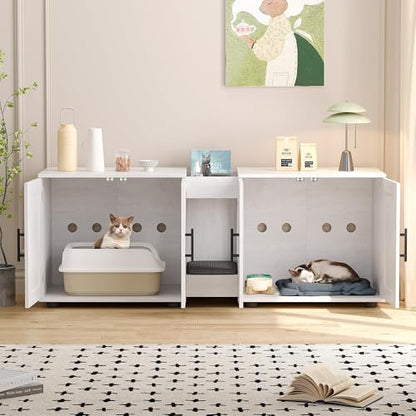 Garvee Cat Litter Box Enclosure for 2 Cats, 55" Hiddden Litter Box Enclosure Furniture 3-in-1 Wooden Litter Cabinet with Barn Door & Double Rooms for Bedroom Living Room,White - color: White