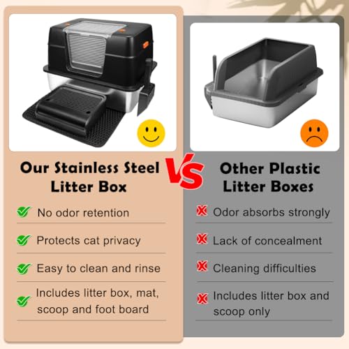 Vivifying Stainless Steel Litter Box, XL Side Entry Extra Large Litter Box with Lid for Big Cats & Kitty, Removable Enclosed Metal Cat Pan with High Sided Enclosure, Scoop (Black) - color: Black