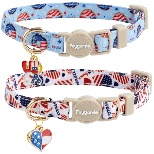 Faygarsle 2 Pack Patriotic American Flag Dog Collar Pattern Cat Collars Breakaway Safety Collar with Bell Spring Summer Design for Girl Cats, Red White Blue - color: Blue & White Flag