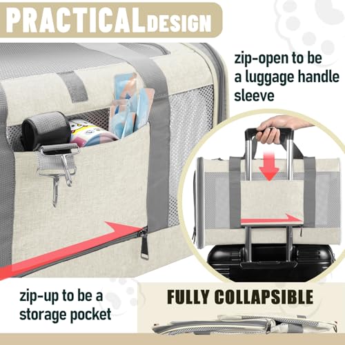 GAPZER Pet Carrier for Large Cat 20 lbs+ / Soft Sided Small Dog 12 Pounds Travel Crate Top Load/Collapsible Kitty Carry Bag Big Kitten Mesh/Sturdy Animal Transport cage Kennel Long Trips Beige - color: Beige