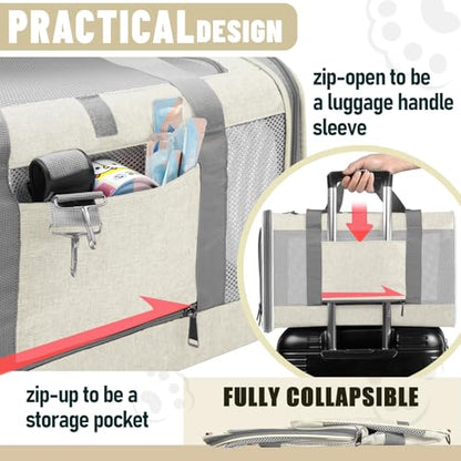 GAPZER Pet Carrier for Large Cat 20 lbs+ / Soft Sided Small Dog 12 Pounds Travel Crate Top Load/Collapsible Kitty Carry Bag Big Kitten Mesh/Sturdy Animal Transport cage Kennel Long Trips Beige - color: Beige