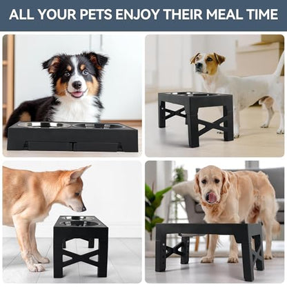 PAWISE Elevated Dog Bowls, Raised Dog Bowl with Slow Feeder Bowl & Stainless Steel Bowls, 5 Heights Adjustable Dog Feeding Bowl Stand for Small Medium Large Dogs, Food Dishes with Non-Slip Feet