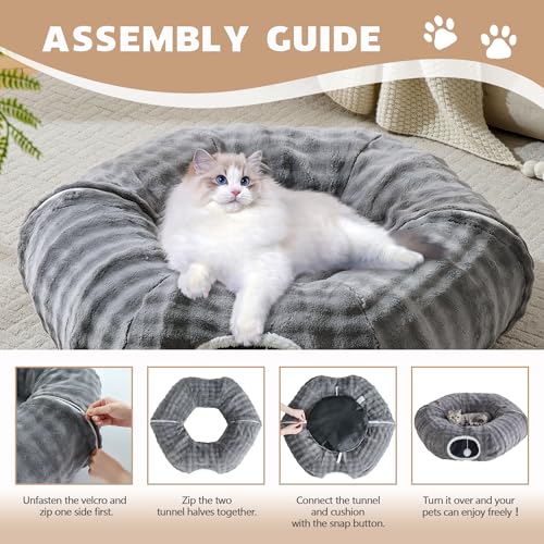 Bubble Cat Tunnel for Indoor Cats, Round Peekaboo Cave Toy with Dangling Balls, Donut Tunnel Bed with Circle Mat for Puppy Kitten Rabbit, Grey - color: Grey
