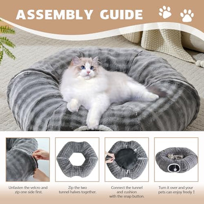 Bubble Cat Tunnel for Indoor Cats, Round Peekaboo Cave Toy with Dangling Balls, Donut Tunnel Bed with Circle Mat for Puppy Kitten Rabbit, Grey - color: Grey