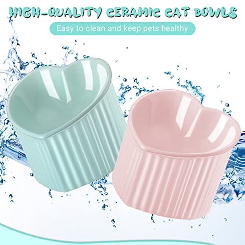 Mumufy 2 Pcs Ceramic Elevated Cat Bowls Tilted Elevated Raised Pet Bowls Anti Vomit Cat Dish for Indoor Stress Free Water Dish Feeder for Puppies, Heart Shaped(Macaron Blue, Pink) - color: Macaron Blue, Pink