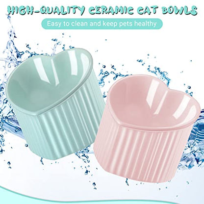 Mumufy 2 Pcs Ceramic Elevated Cat Bowls Tilted Elevated Raised Pet Bowls Anti Vomit Cat Dish for Indoor Stress Free Water Dish Feeder for Puppies, Heart Shaped(Macaron Blue, Pink) - color: Macaron Blue, Pink