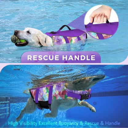 Dog Life Jacket Large, High Flotation Dog Life Vest for Swimming Boating, Hawaiian Reflective Puppy Swim Vest, Adjustable Safety Dogs Floating Vests with Superior Buoyancy and Rescue Handle