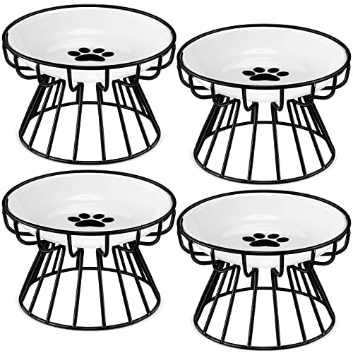 Roshtia 4 Sets Elevated Cat Bowls Ceramic Raised Cat Food Bowls with Metal Stand Dishwasher Safe Dishes Non Slip Elevated Food Plate(Black,Paw) - color: Black