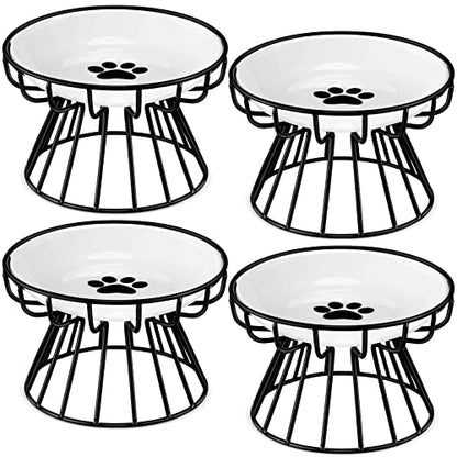 Roshtia 4 Sets Elevated Cat Bowls Ceramic Raised Cat Food Bowls with Metal Stand Dishwasher Safe Dishes Non Slip Elevated Food Plate(Black,Paw) - color: Black