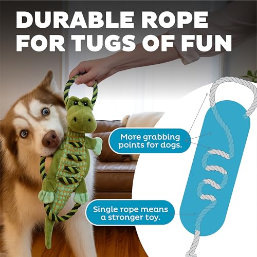 Outward Hound by Charming Pet Ropiez Rope Interactive Dog Tug Toy for Tugging Squeaky Fun, Gator, Green - color: Ropiez Gator