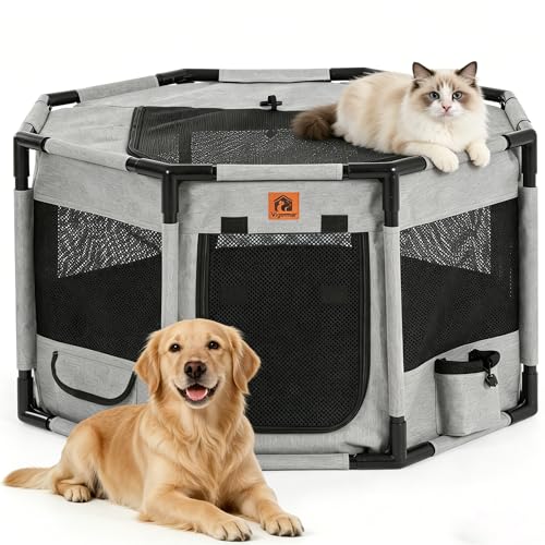 Enclosed Playpen, Portable Cat & Puppy Kennel with Sturdy PVC Pipe Frame and Scratch-Resistant Fabric, Soft Dog Playpen for Indoor & Outdoor Use (Large Size, 45x45x24 Inches) - size: Large
