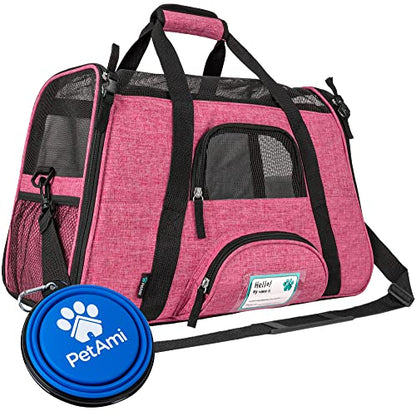 PetAmi Airline Approved Pet Carrier for Cats & Small Dogs, Soft Sided TSA Travel Carrier Bag Sherpa Bed, Breathable Mesh Ventilation, Collapsible Bowl, Fit Under Seat, Up to 18 lbs, Small Heather Pink - color: Heather Pink, size: Small - 17"L x 10.2"W x 1