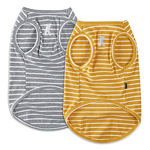 Dog Shirt Vest Lightweight Stretchy Dog T-Shirts Soft Cool Shirts Sleeveless Stripe Vests Breathable Clothes for Puppy Kitty Cat Small Medium Large Dogs 2 Pack Yellow + Light Grey [M/Medium] - color: Yellow + Light Grey, size: M-(6~9lb) | Chest(~15.3")