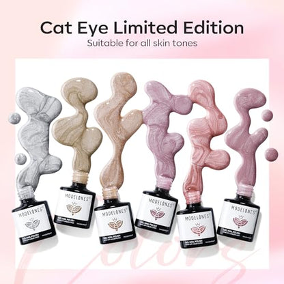 modelones Gel Nail Polish Set, 6 Colors Nude Pink Silver 9D Glassy Cat Eye Glitter Gel Polish Semi-transparent Neutral Brown Nail Polish Soapnails with Magnet Soak Off Led Nail Art DIY Gift - color: A A3-Neutral Cat Eye