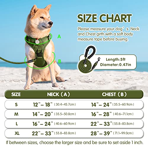PoyPet No Pull Dog Harness and 5 Feet Leash Set, Release on Neck Reflective Adjustable Pet Vest, Front & Back 2 D-Ring and Soft Padded Pet Harness with Handle for Small to Large Dogs(Military Green,S) - color: Military Green, size: S
