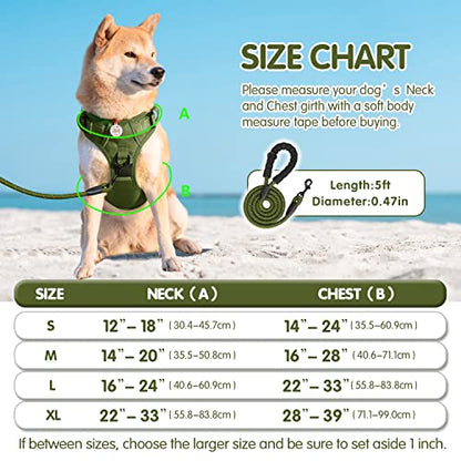 PoyPet No Pull Dog Harness and 5 Feet Leash Set, Release on Neck Reflective Adjustable Pet Vest, Front & Back 2 D-Ring and Soft Padded Pet Harness with Handle for Small to Large Dogs(Military Green,S) - color: Military Green, size: S