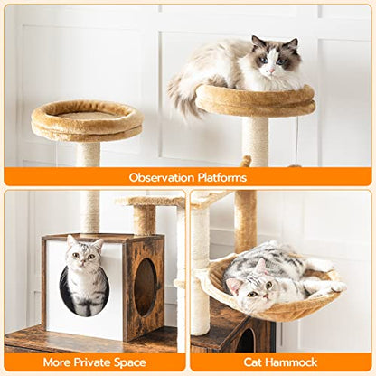 HOOBRO Cat Tree with Litter Box Enclosure, Scratching Posts, Litter Box Enclosure Furniture for Indoor Cats, All-in-One Wooden Cat Tower Condo House with Cat Hammock, Rustic Brown BF14MZ03 - color: Rustic Brown
