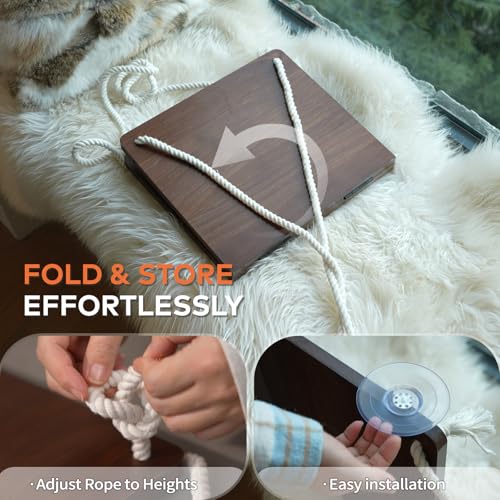 Cat Window Perch for Indoor Cats, Wooden Cat Bed for Window with Washable Cushion, Hanging Kitty Hammock Suitable for Small-to-Large Cats