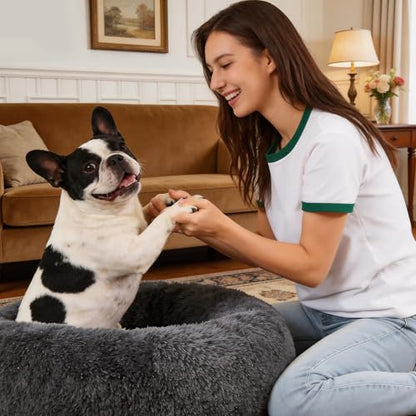 Dog Calming Beds for Small Medium Large Dogs - Round Donut Washable Puppy Dog Bed, Anti-Slip Faux Fur Fluffy Donut Cuddle Anxiety Cat Pet Bed(20" Dark Grey) - color: Dark Grey, size: 20"L x 20"W x 8"Th