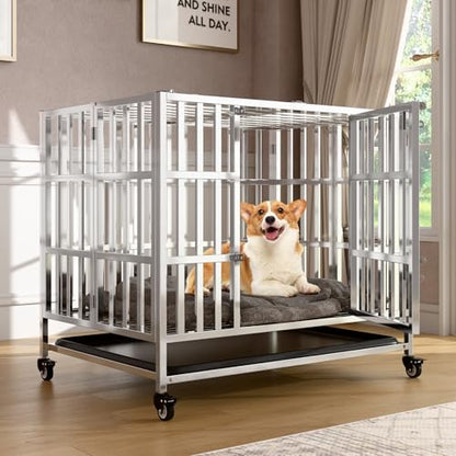 Holiwei 37" Heavy Duty Dog Crate, Escape Proof Stainless Steel Dog Kennel with Top Opening, 4 Lockable Wheels, Easy Clean Metal Dog Cage for Medium-Large/Anxious Dogs - size: 37.0"L x 25.0"W x 30.0"H
