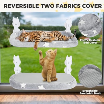 Cat Window Perch,Cordless Cat Window Hammock for Wall with 4 Strong Suction Cups,Solid Metal Frame and Two Replaceable Covers,Foldable Cats Bed for Large Cats and Kittens,Indoor Pet Seat,Grey L - size: Large