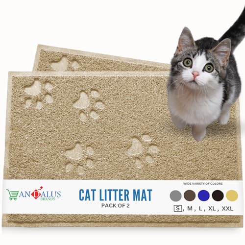Andalus Small Cat Litter Mat, Pack of 2 - Waterproof, Non-Slip & Easy to Clean Cat Litter Box Mat for Extra Efficient Pet Litter-Trapping, Beige (15.75” X 11.75”) - color: Beige