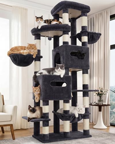 Heybly Cat Tree, 74.8-Inch Spacious & Tall Cat Tower for Large Cats, Cat Furniture with Large Top Perch, Solid Base, 2 Cat Condos, Hanging Hammock, Durable Sisal Scratching Posts, Smoky Gray HCT062G - color: Smoky Gray