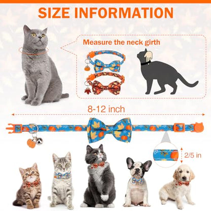 Breakaway Cat Collar Thanksgiving 2 Pack - Fall Pumpkin & Turkey Bow Tie with Bell, Safe Adjustable Kitten Collars for Holiday, Fits Cats and Small Puppies - color: Maple Leaf