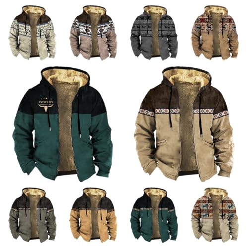 domirica Fleece Jacket Men Western Cowboy Bull Graphic Full Zip Drawstring Casual Stylish Big And Tall Hooded Jacket - color: Aztec-alpha, size: 3X-Large